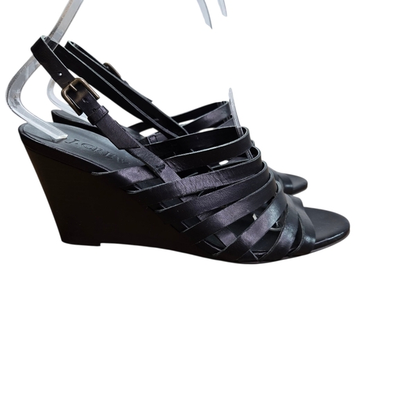 J. Crew Black Leather Strappy Wedge Sandals Italy - Picture 1 of 13